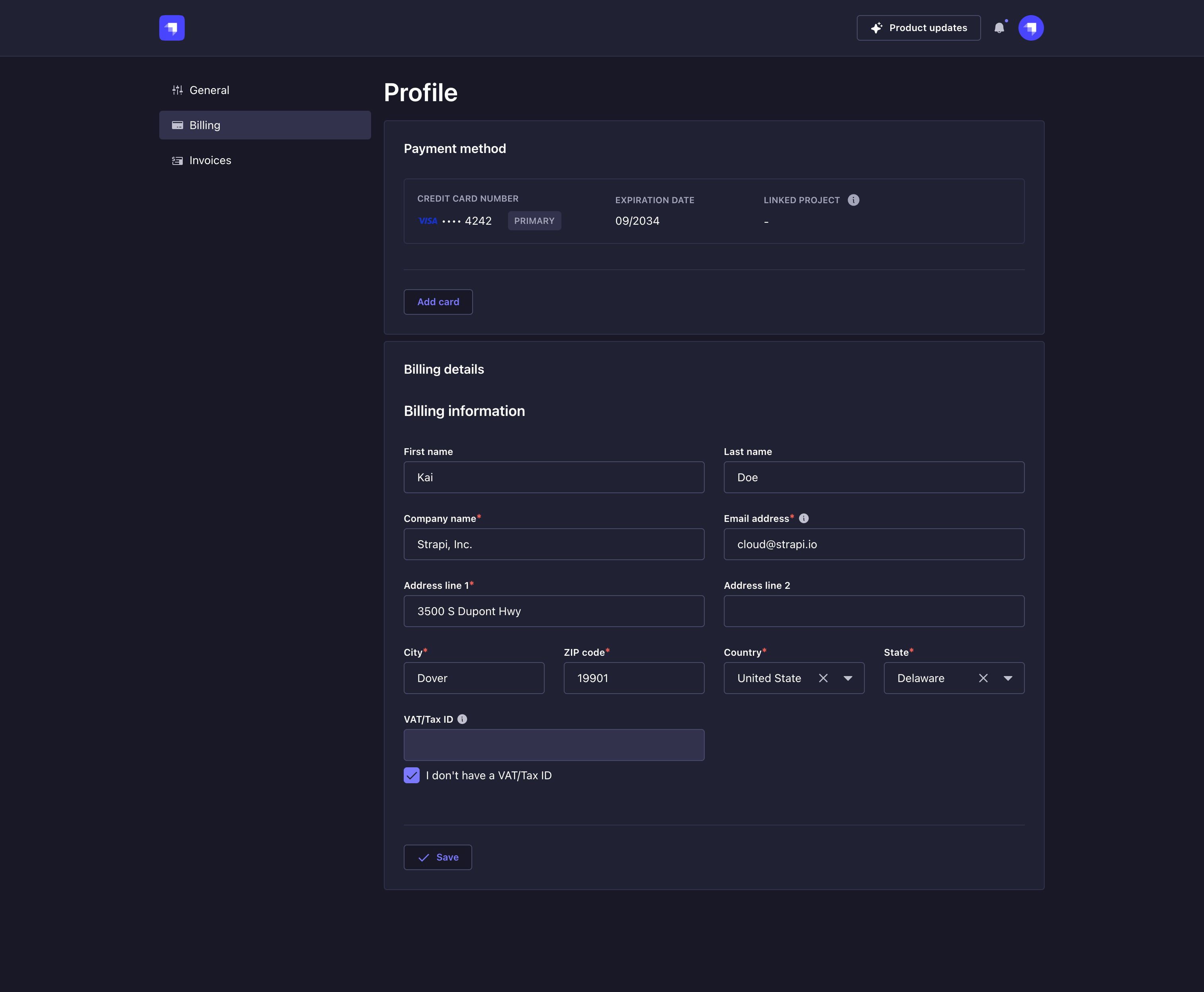 Billing tab of Profile page